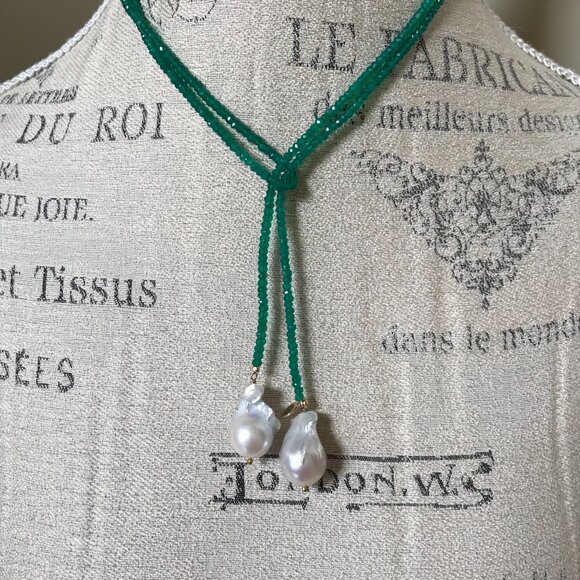 Joie DiGiovanni Lariat Gold Filled Onyx Pearl Necklace Womens Green White Beaded - Picture 5 of 13